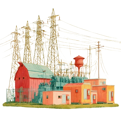 A data-center and substation complex wired into the power grid